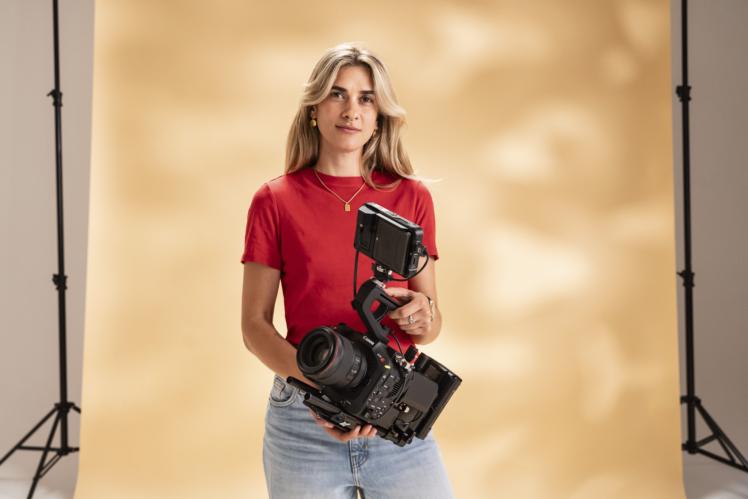 Canon EOS C80 cinema camera in the hands of filmmaker