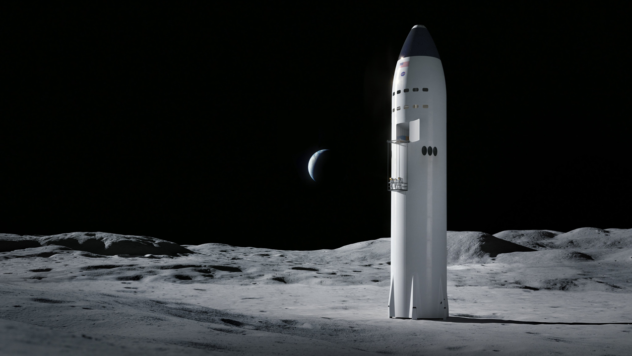This SpaceX concept shows the company's massive Starship vehicle on the moon as a lunar lander for NASA Artemis astronauts.