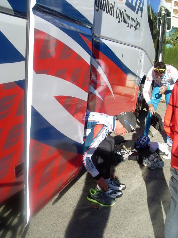 Leif Hoste puts on his shoes.