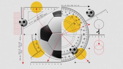 Illustration of a football surrounded by rulers, set squares, protractors and probability formulae