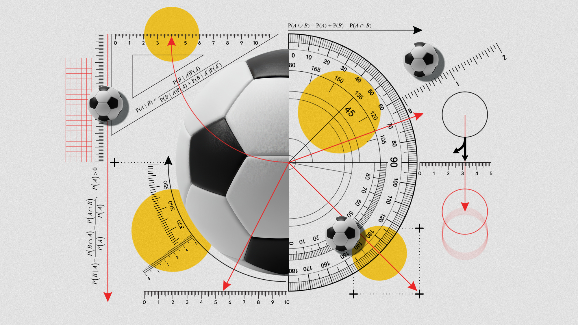 Illustration of a football surrounded by rulers, set squares, protractors and probability formulae