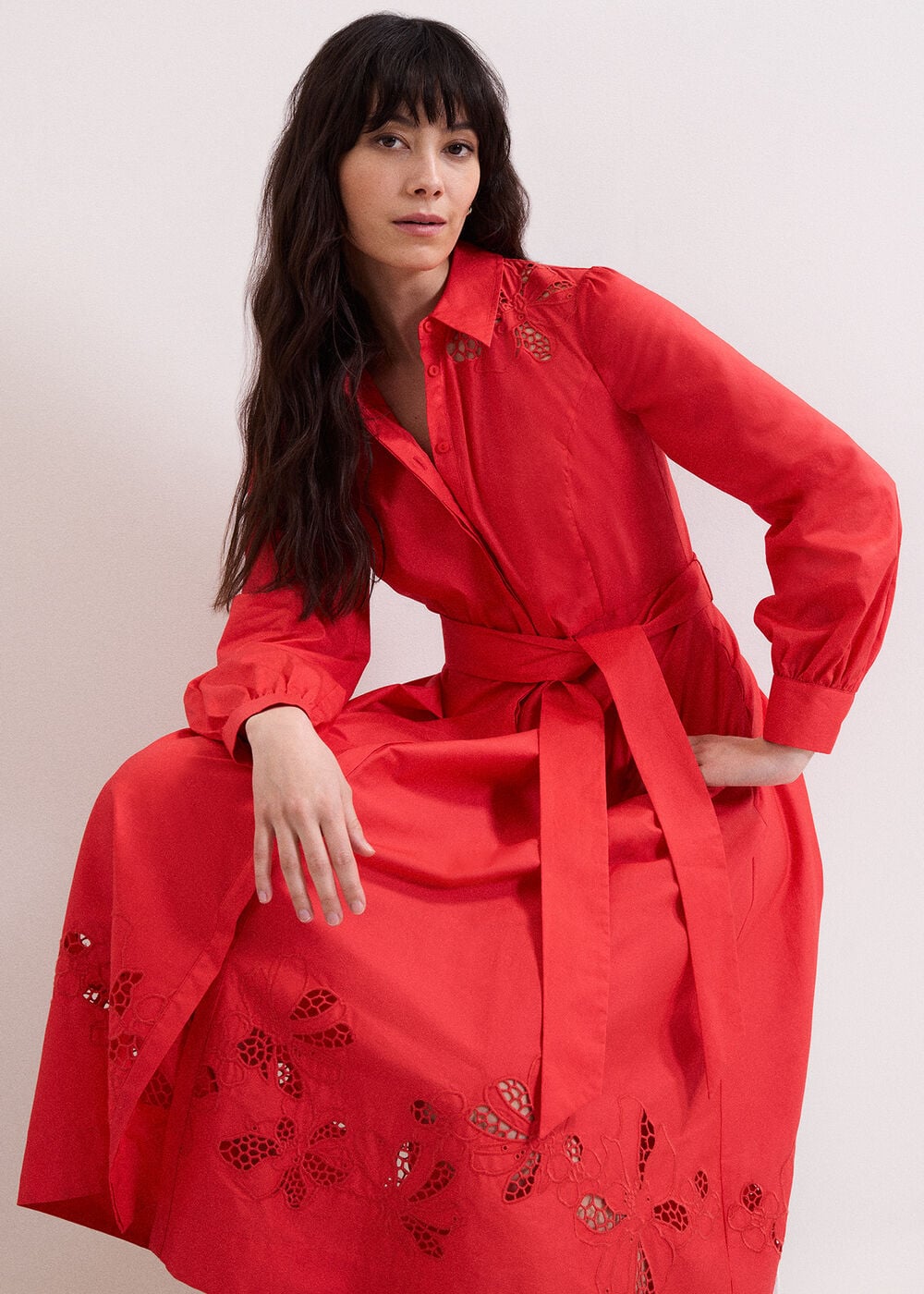 Kim Red Floral Cutwork Shirt Midi Dress