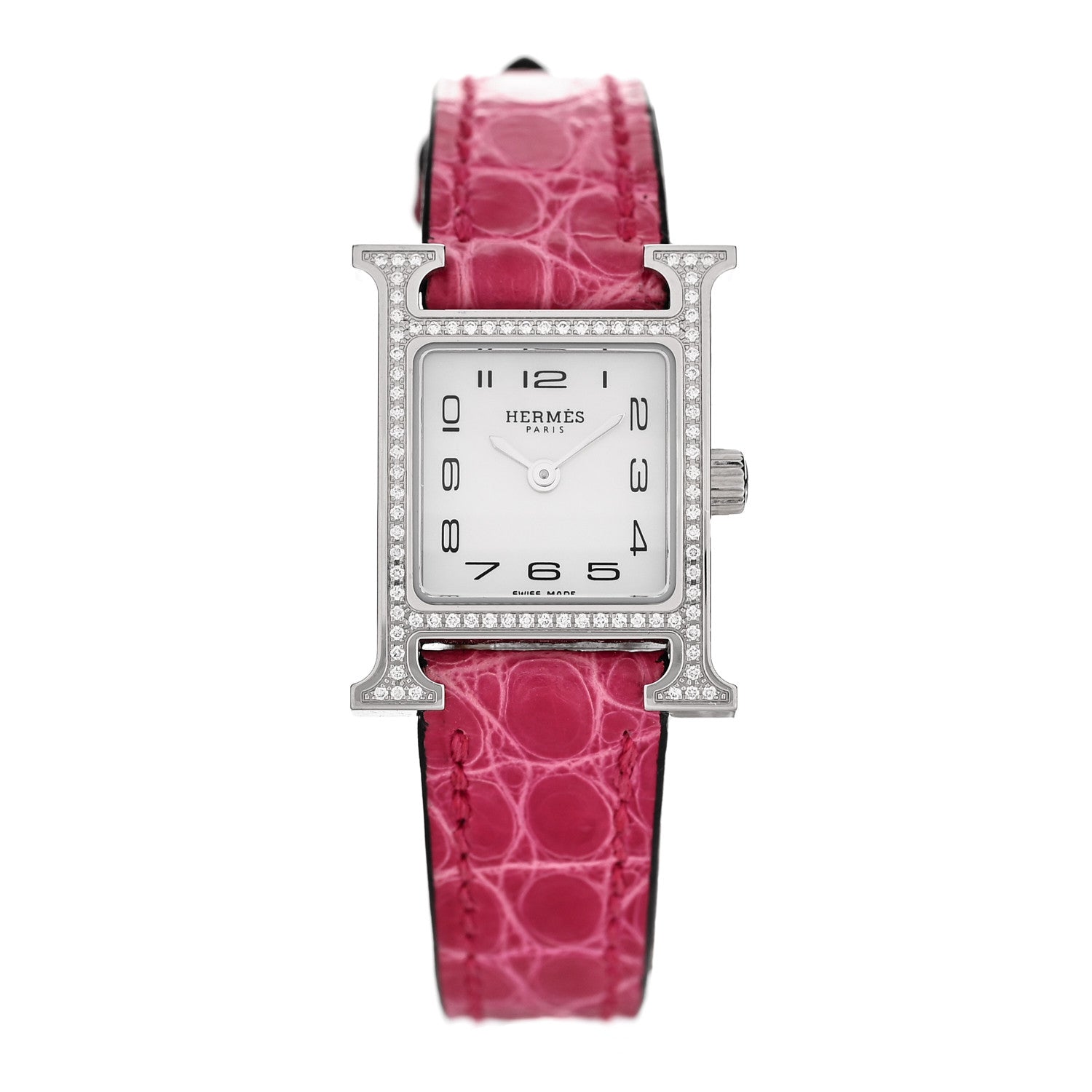 Stainless Steel Alligator Diamond Bezel Mother of Pearl 17.2mm Heure H Hour Quartz Watch Framboise