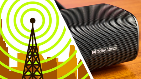 On the left: A simple graphic of a broadcast tower emitting a signal across a cityscape. Then a white line dividing that image from another. Then an image of a Dolby Atmos logo on a soundbar