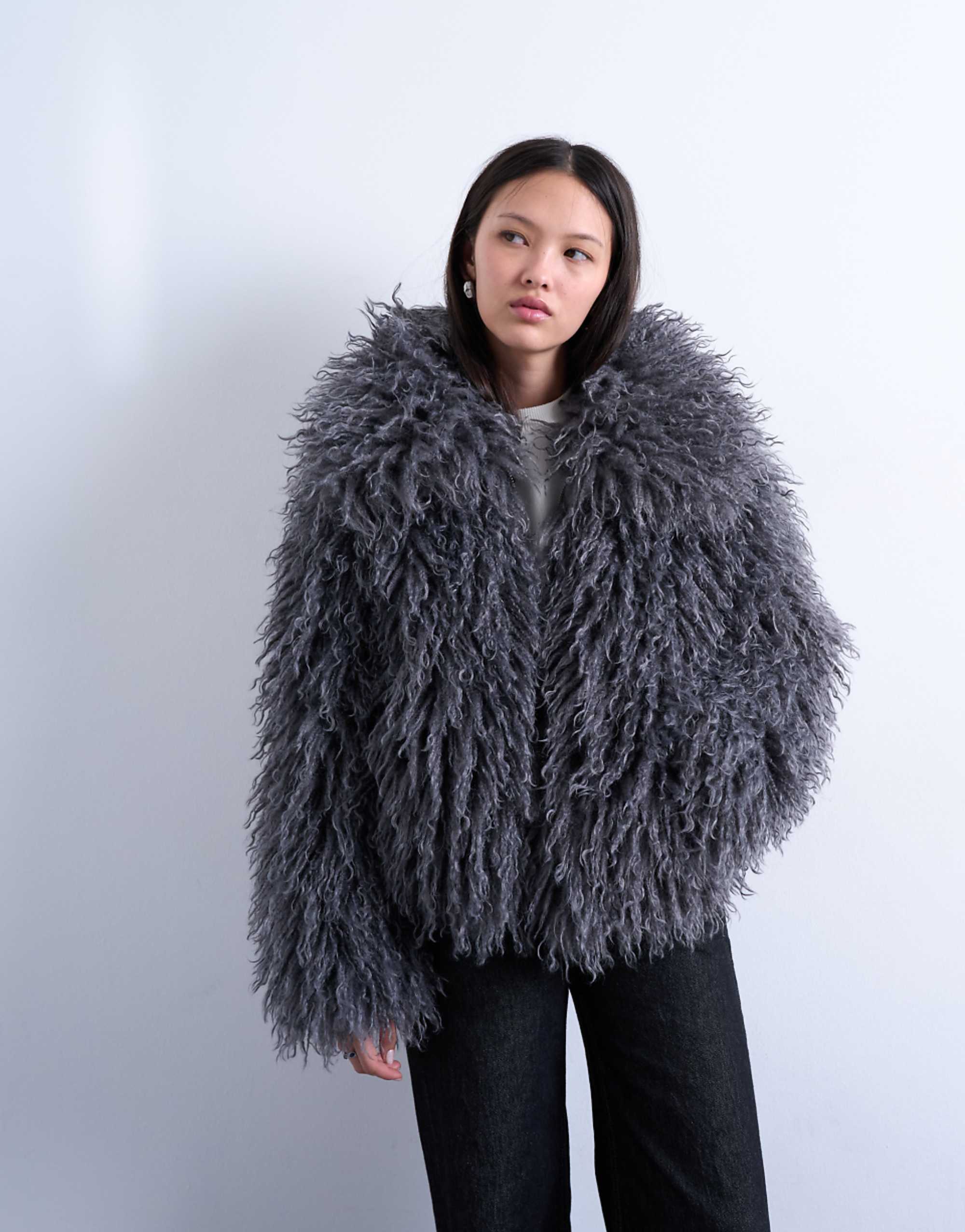 Topshop Faux Mongolian Fur Bomber Coat in Grey