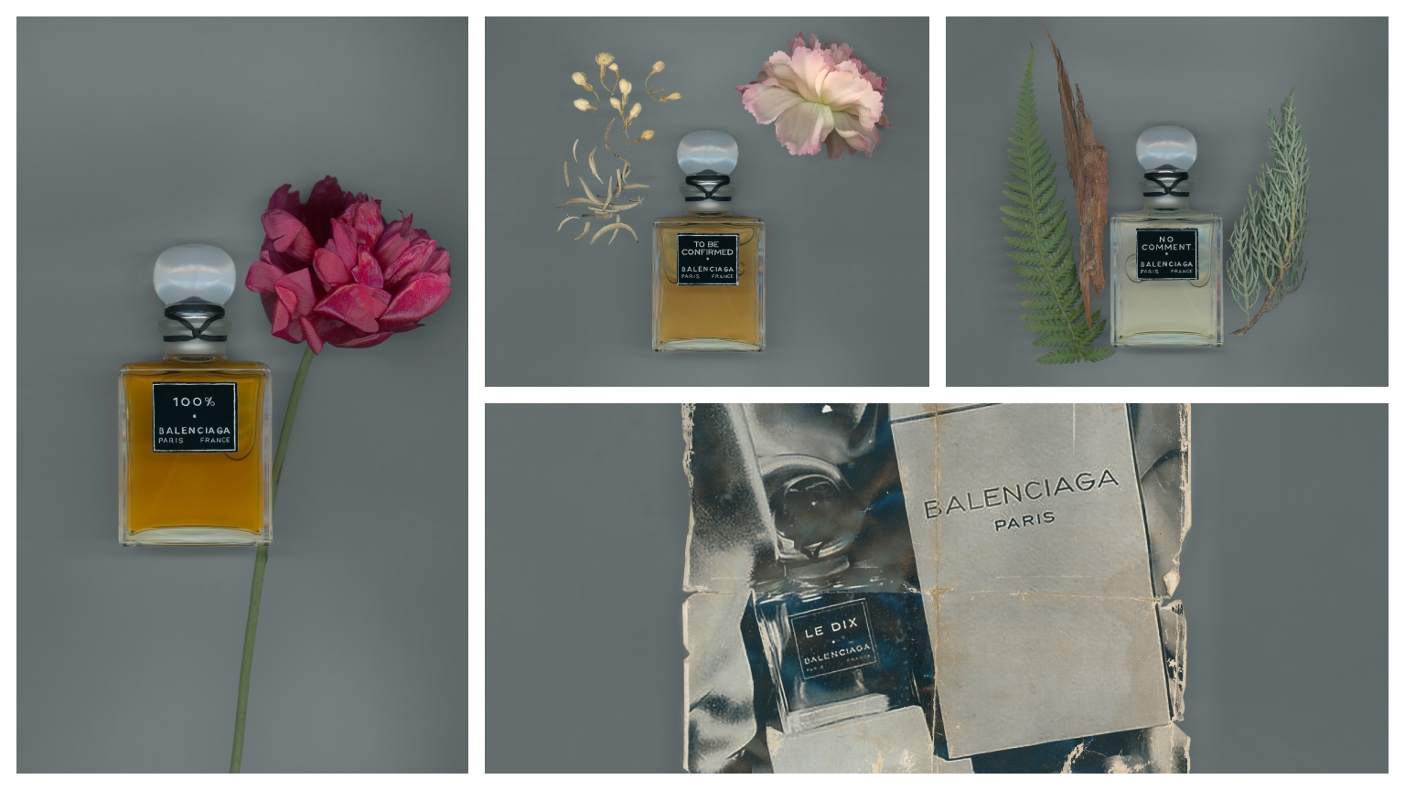 a collage of glass perfume bottles on a gray background