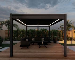 gazebo with lighting over a deck