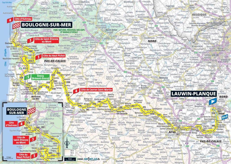 A map of stage 2 of the Tour de France 2025 from Lauwin-Planque to Boulogne-sur-Mer