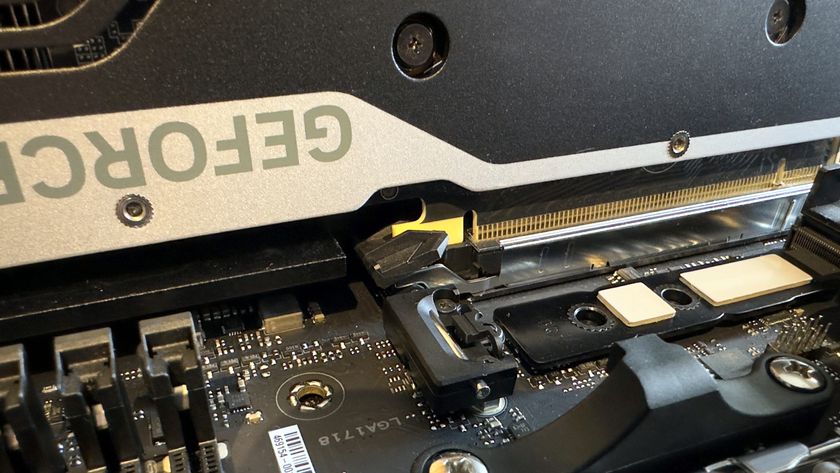 The PCIe slot on an Asus ROG Strix B850-F Gaming WiFi motherboard, showing the Q-release latch for GPUs.