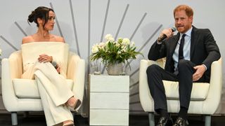 Meghan, Duchess of Sussex and Prince Harry, Duke of Sussex speak onstage at The Archewell Foundation Parents’ Summit: Mental Wellness in the Digital Age during Project Healthy Minds' World Mental Health Day Festival 2023 at Hudson Yards on October 10, 2023 in New York City.