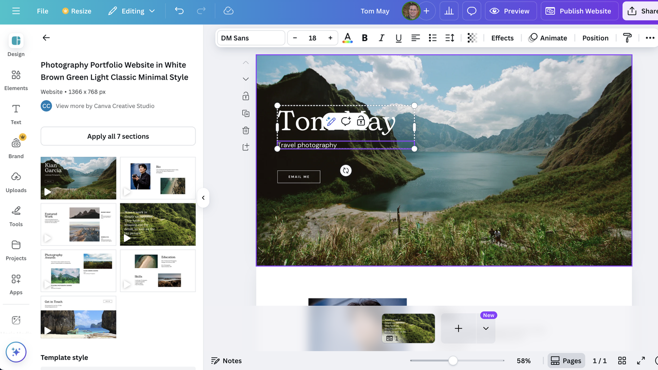 Website template being edited in Canva Websites