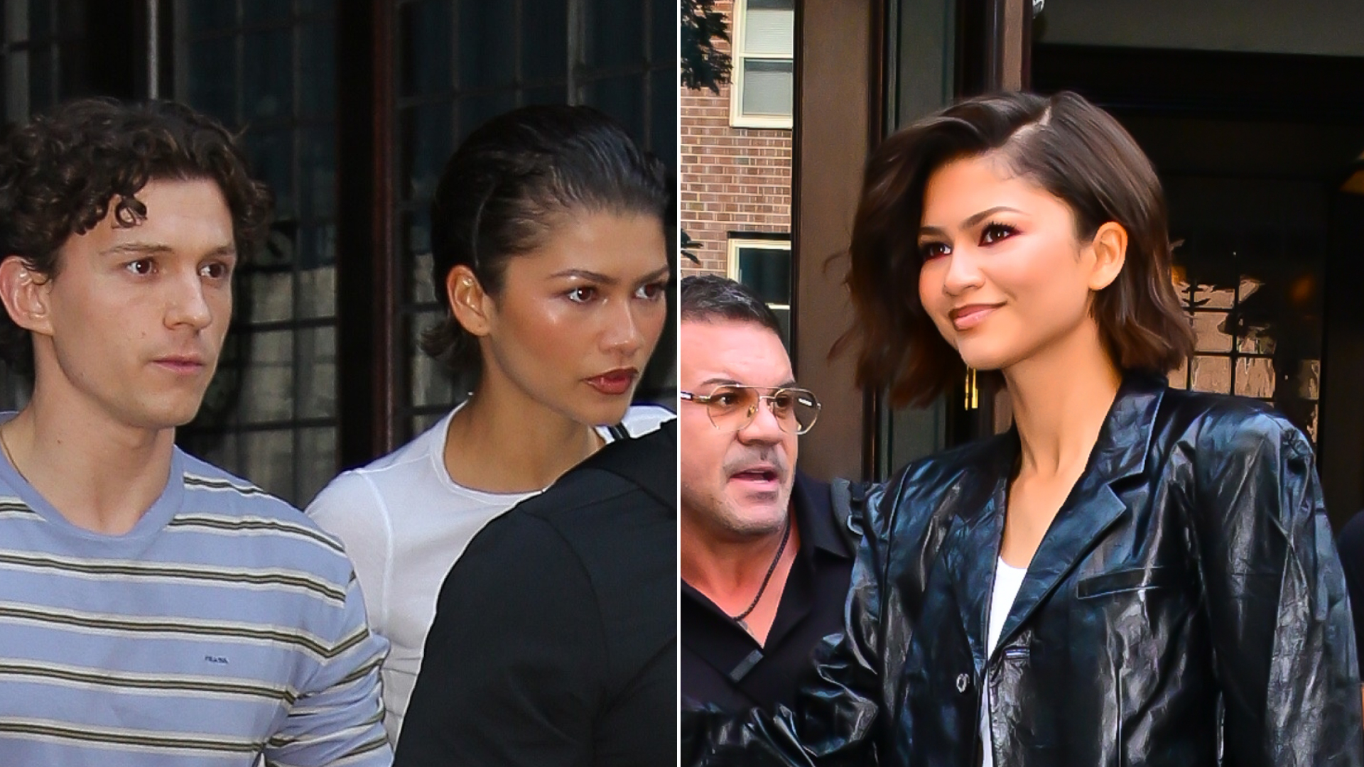 Zendaya wears a white T-shirt and linen pants and has slicked back short hair while holding hands with Tom Holland, and she wears a black leather jacket