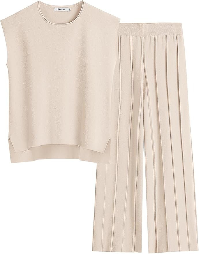 ANRABESS, Anrabess Women 2 Piece Lounge Sets Summer Casual Knit Sweater Vest Pant Set Beach Vacation Airport Outfits Clothes Apricot X-Large