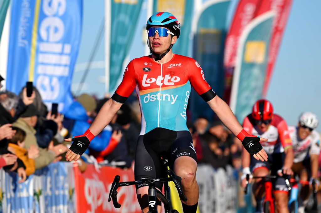 BELLEGARDESURVALSERINE FRANCE FEBRUARY 01 Arnaud De Lie of Belgium and Team Lotto Dstny celebrates at finish line as stage winner during the 53rd Etoile de Besseges Tour Du Gard 2023 Stage 1 a 16218km stage from Bellegarde to Bellegarde EDB2021 on February 01 2023 in BellegardesurValserine France Photo by Luc ClaessenGetty Images