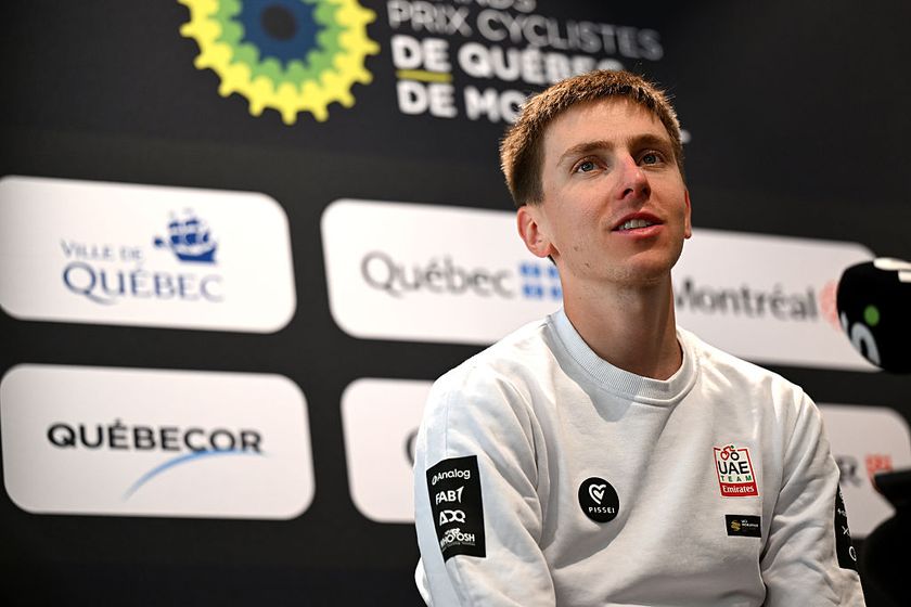 QUEBEC CITY, QUEBEC - SEPTEMBER 10: Tadej Pogacar of Slovenia and UAE Team Emirates - XRG during the press conference prior to the 14th Grand Prix Cycliste de Quebec &amp; Montreal 2025 / #UCIWT / on September 10, 2025 in Quebec City, Quebec. (Photo by Szymon Gruchalski/Getty Images)