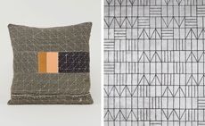 Left: a grey cushion with orange and black detailing. Right: a white rug with black geometrical design