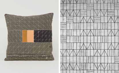 Left: a grey cushion with orange and black detailing. Right: a white rug with black geometrical design