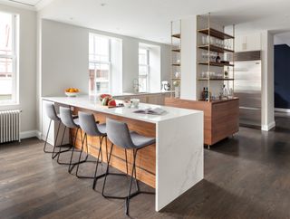 contemporary kitchen with open shelving and bespoke bar