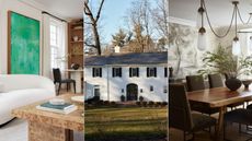 Three pictures: one living room, one house exterior, one dining room