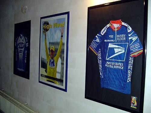 Jerseys and posters of cycling stars adorn the hallway