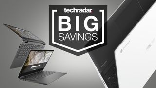 Chromebooks against a white and grey background with a badge that reads 'TechRadar Big Savings'