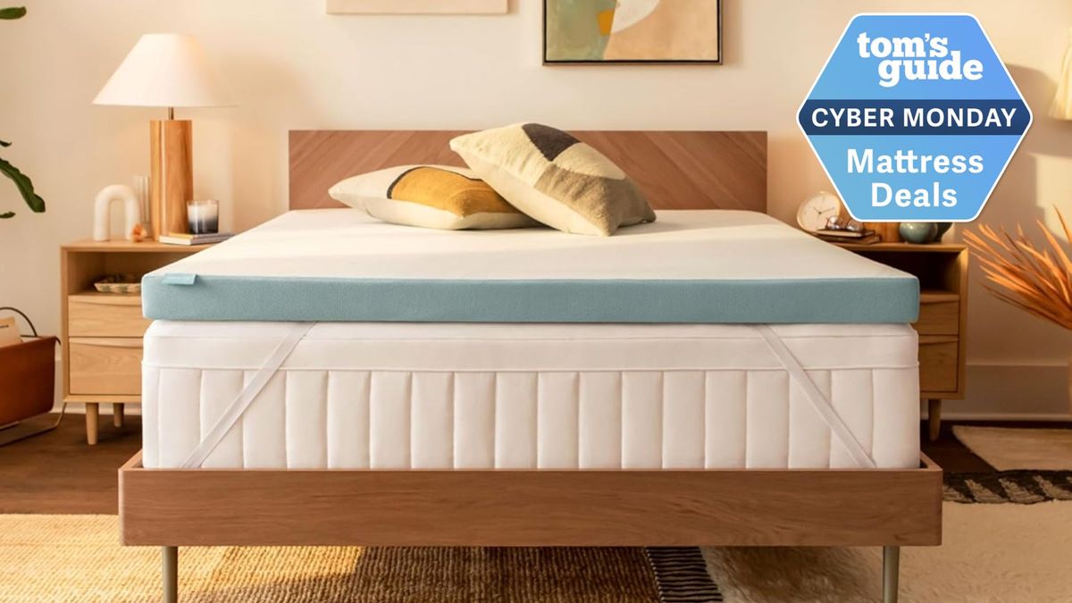 The Tempur-Pedic Tempur-Adapt mattress topper on top of a mattress on a bed frame in a well lit bedroom