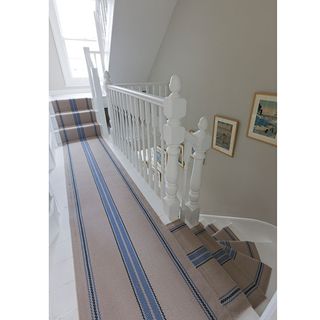 white staircase with carpet and photo frame on walls