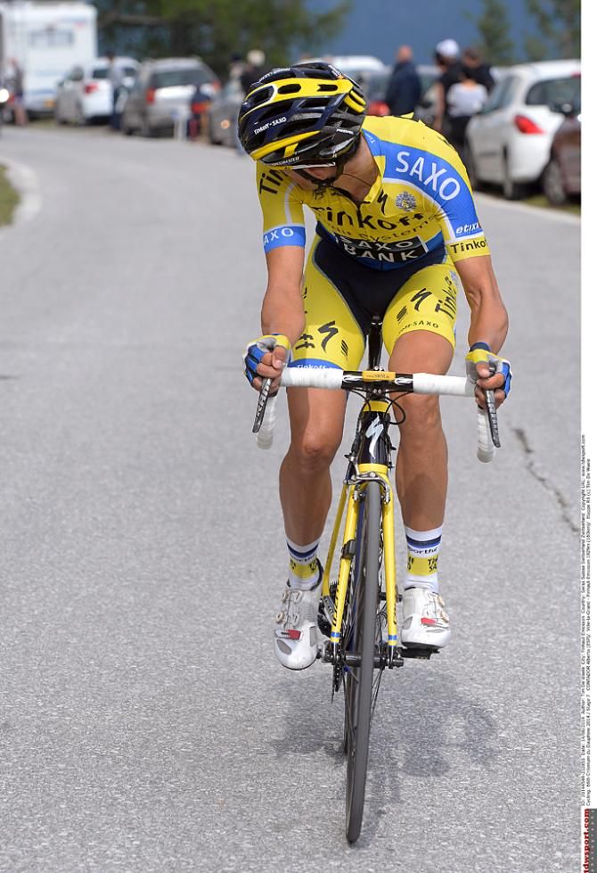 Alberto Contador (Tinkoff Saxo) looks back to see if Chris Froome (Team Sky) is chasing him