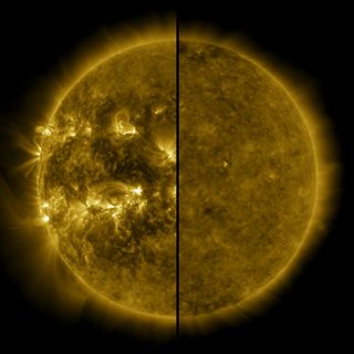 A split image shows the sun during a solar cycle's maximum on the left (April 2014) and during a solar cycle's minimum on the right (December 2019).