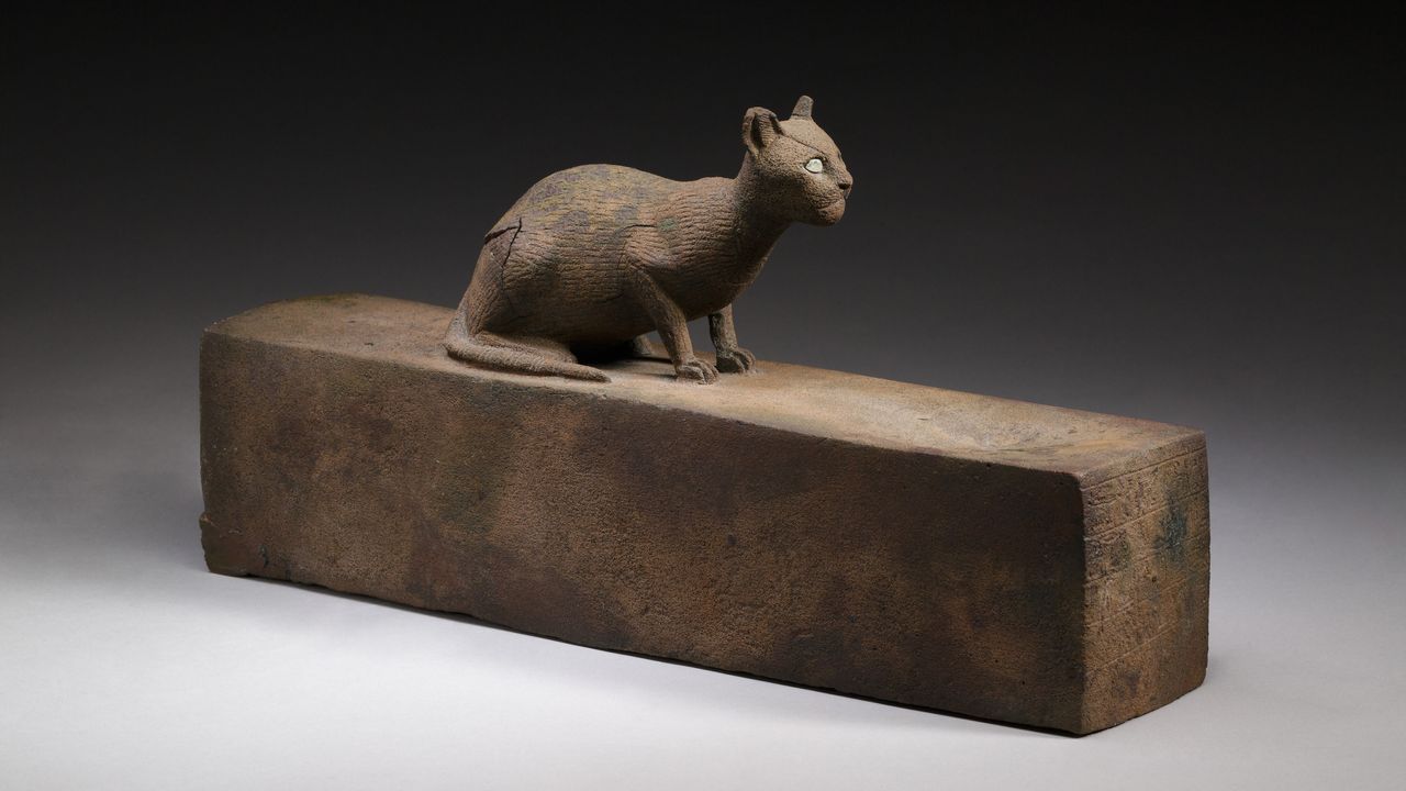 A cat, likely a representation of the goddess Bastet, atop of a box for an animal mummy. It dates to the Late Period&ndash;Ptolemaic Period (664&ndash;30 B.C.).