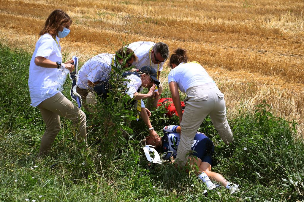 Tour de France Femmes: Mireia Benito of Spain and Team AG Insurance-Soudal QuickStep injured after being involved in a crash during the 2nd Tour de France Femmes 2023