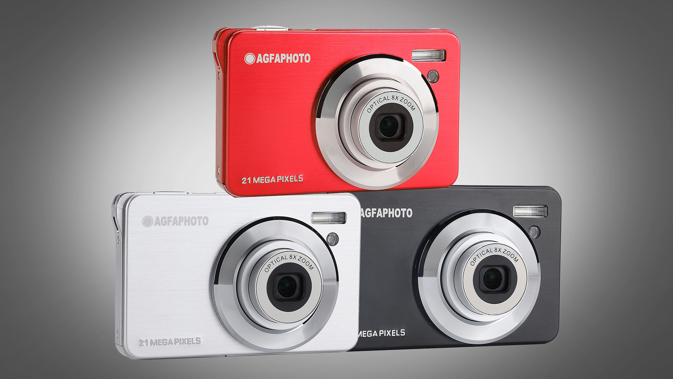 Three Agfa Photo Realishot DC8300 digital cameras stacked; one red, one white, and one black, each labeled "21 Mega Pixels"
