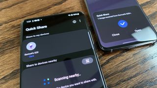 The Quick Share menu on a Galaxy S20+ next to a Galaxy S20