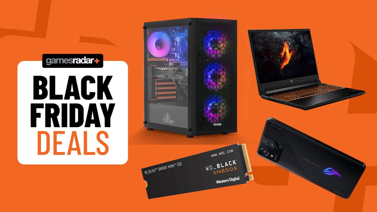 Yeyian gaming PC, Acer gaming laptop, WD Black SSD, and Asus ROG Phone 8 Pro on an orange background with Black Friday deals badge