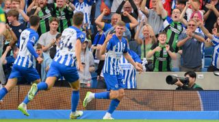 Brighton & Hove Albion's Evan Ferguson (right) celebrates scoring the opening goal during the Premier League match between Brighton & Hove Albion and Newcastle United at American Express Community Stadium on September 2, 2023 in Brighton, England.