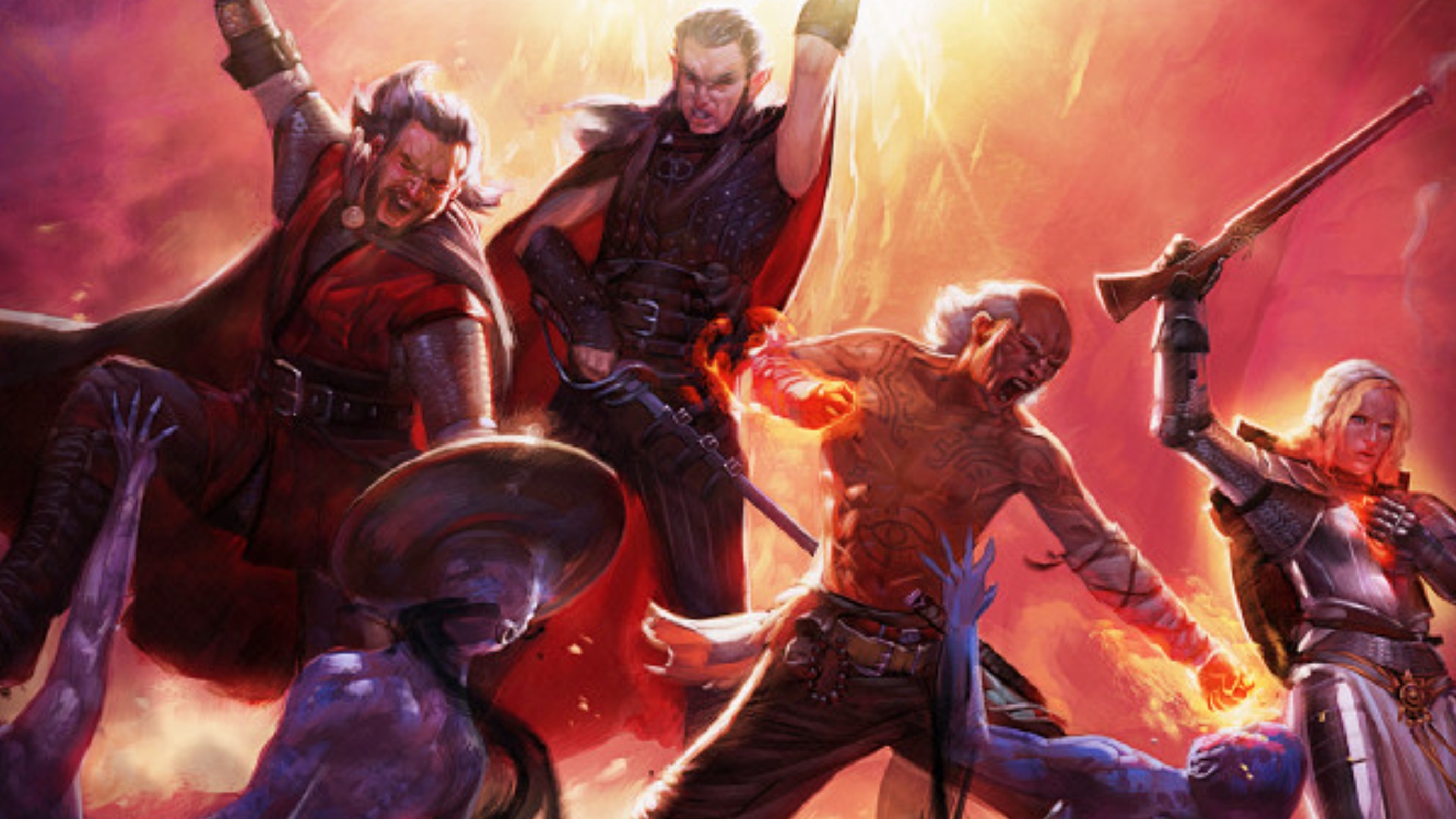 Four adventurers combatting zombies climbing towards them.