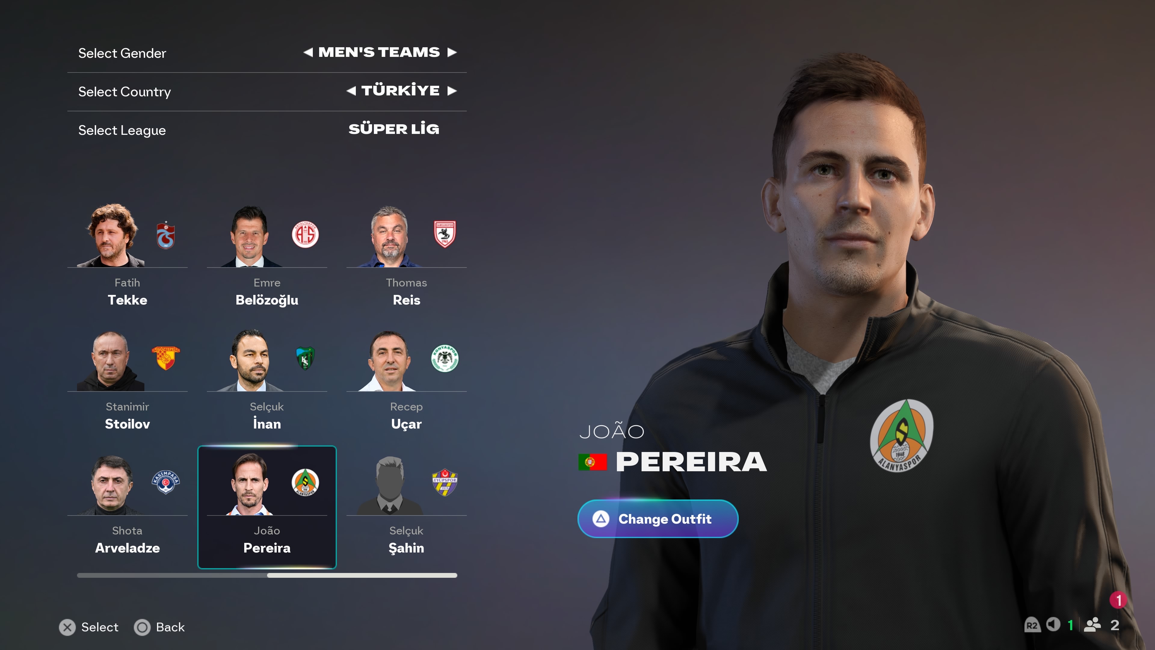 The official manager select screen in FC 26 career mode