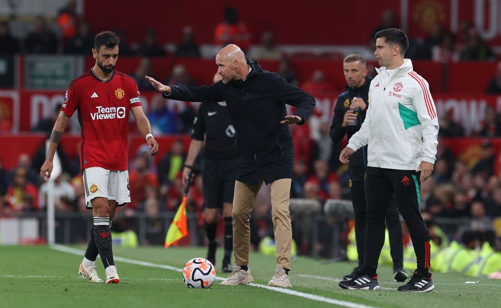 Manager Erik ten Hag of Manchester United watches from the touchline during the Premier League match between Manchester United and Wolverhampton Wanderers at Old Trafford on August 14, 2023 in Manchester, England. (Photo by Matthew Peters/Manchester United via Getty Images)