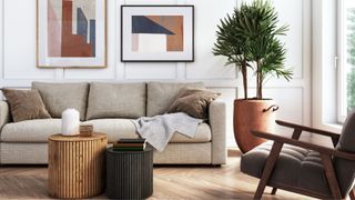 tidy living room with wooden side tables and armchair