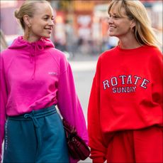 Thora Valdimars and Jeanette Friis Madsen seen wearing Rotate jogger pants, hoody and sweater outside Lovechild 1979 during Copenhagen Fashion Week Spring/Summer 2021 on August 11, 2020 in Copenhagen, Denmark. (Photo by Christian Vierig/Getty Images)