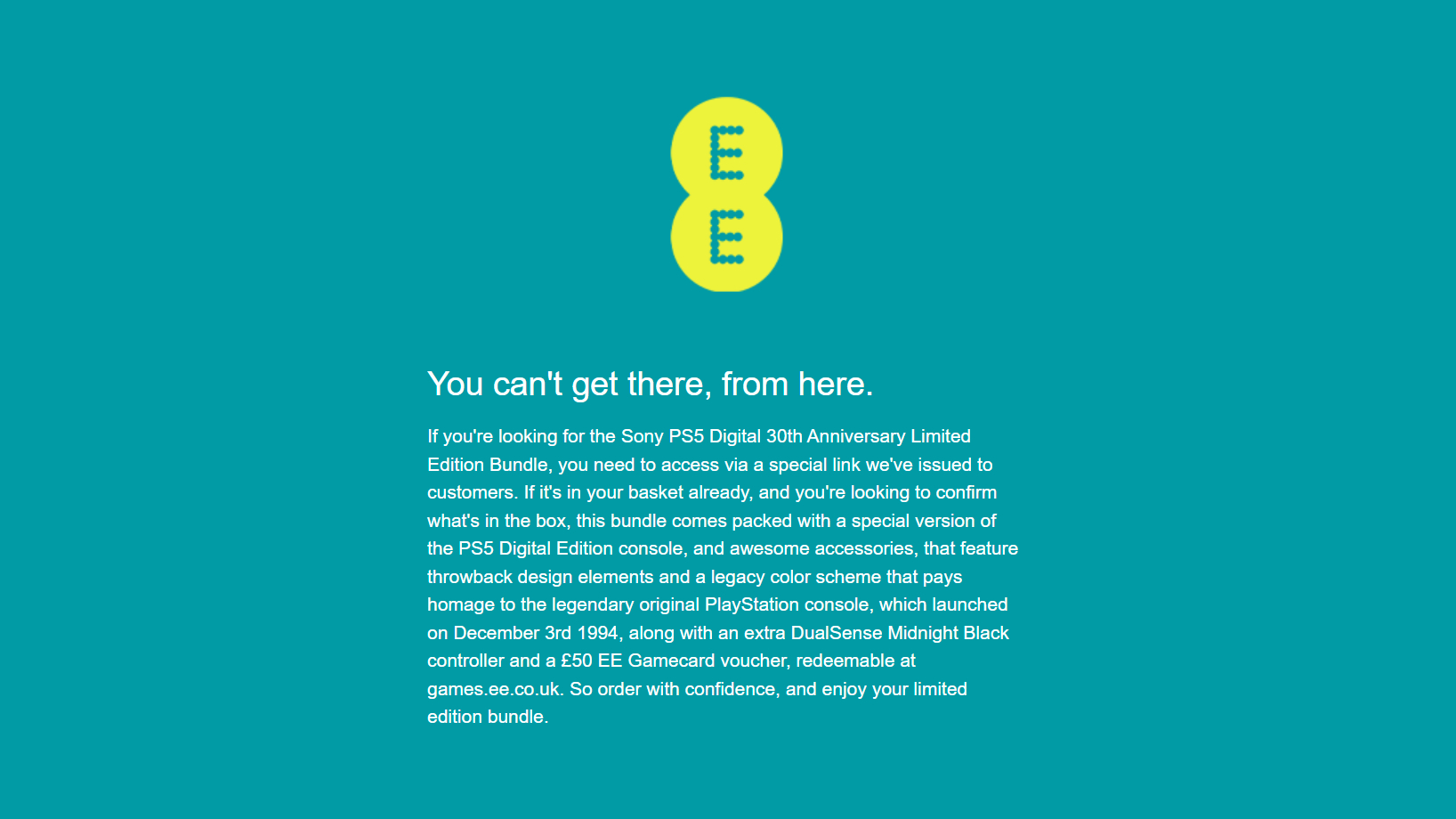 The EE Store message stating you can't navigate to its PS5 Slim 30th Anniversary bundle.