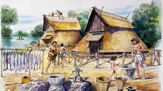 Illustration depicting a Jomon village with houses, people and various objects, such as baskets and racks where fish is being dried.