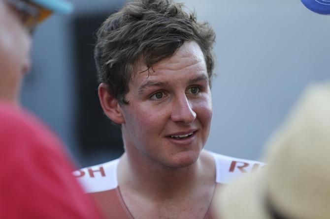 Jordan Kerby talks to the media post race.