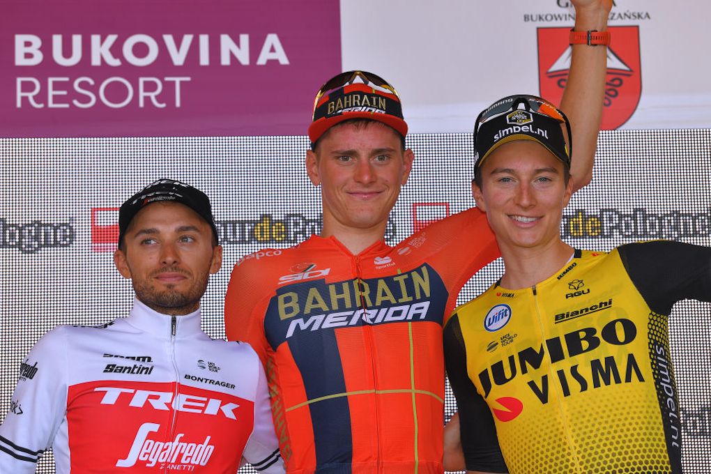 Brambilla, Mohoric and Powless on the stage 7 podium at Tour de Pologne