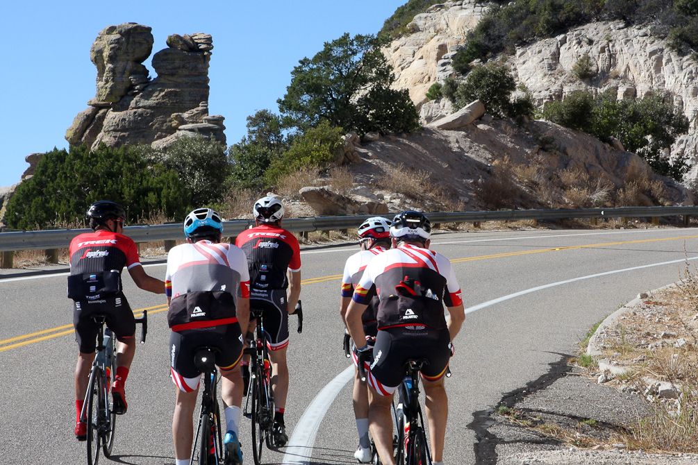 Alberto Contador, Ivan Basso and Alberto Contador Foundation staff about halfway up the climb.