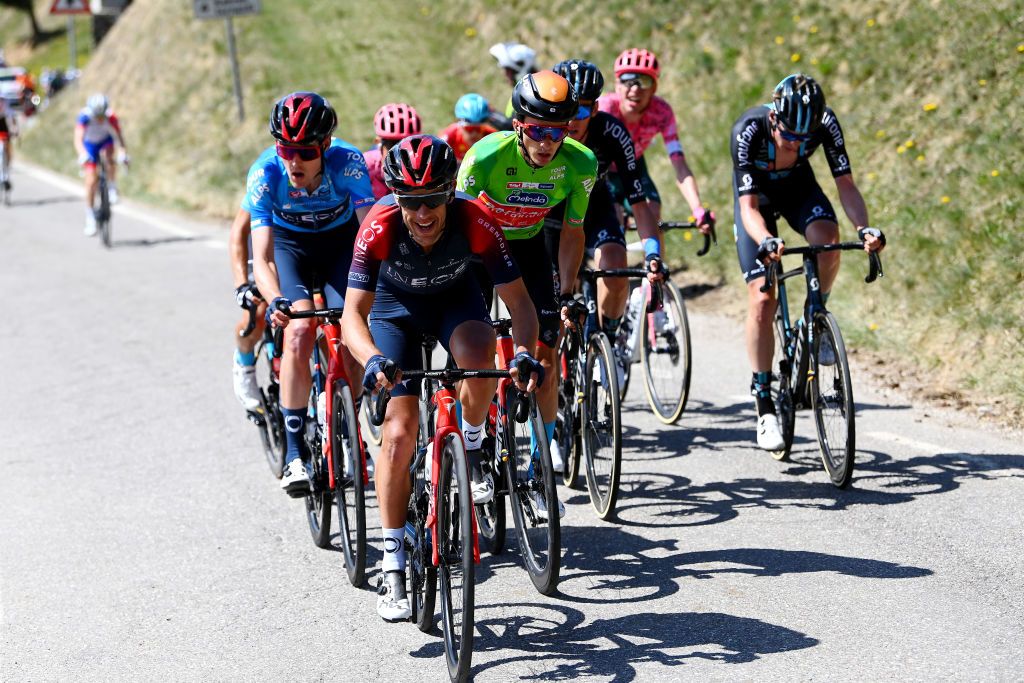 TOBLACH HOCHPUSTERTAL ITALY APRIL 20 LR Pavel Sivakov of Russia and Team INEOS Grenadiers blue mountain jersey Richie Porte of Australia and Team INEOS Grenadiers Pello Bilbao Lpez De Armentia of Spain and Team Bahrain Victorious green leader jersey and Thymen Arensman of Netherlands and Team DSM compete during the 45th Tour of the Alps 2022 Stage 3 a 1546km stage from Lana to Villabassa TouroftheAlps on April 20 2022 in Toblach Hochpustertal Italy Photo by Tim de WaeleGetty Images