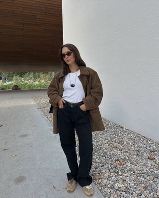 Debora Rosa wearing Miu Miu suede sneakers.