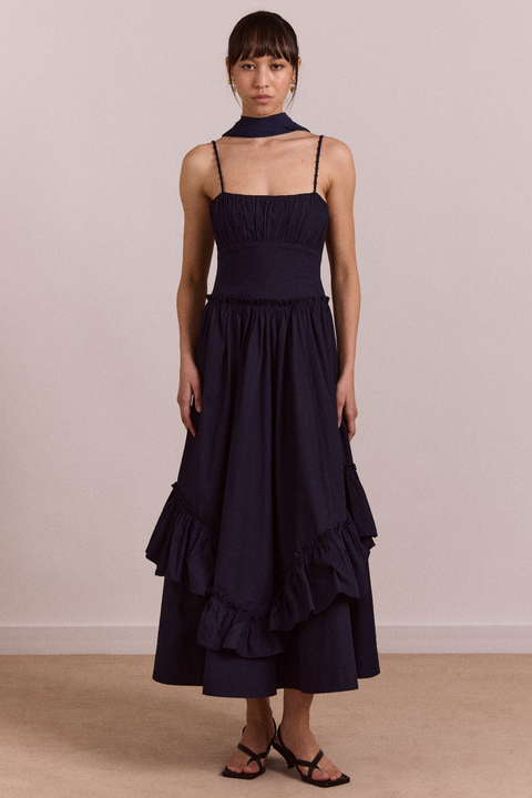 Juno Midi Dress With Sheer Scarf- Navy