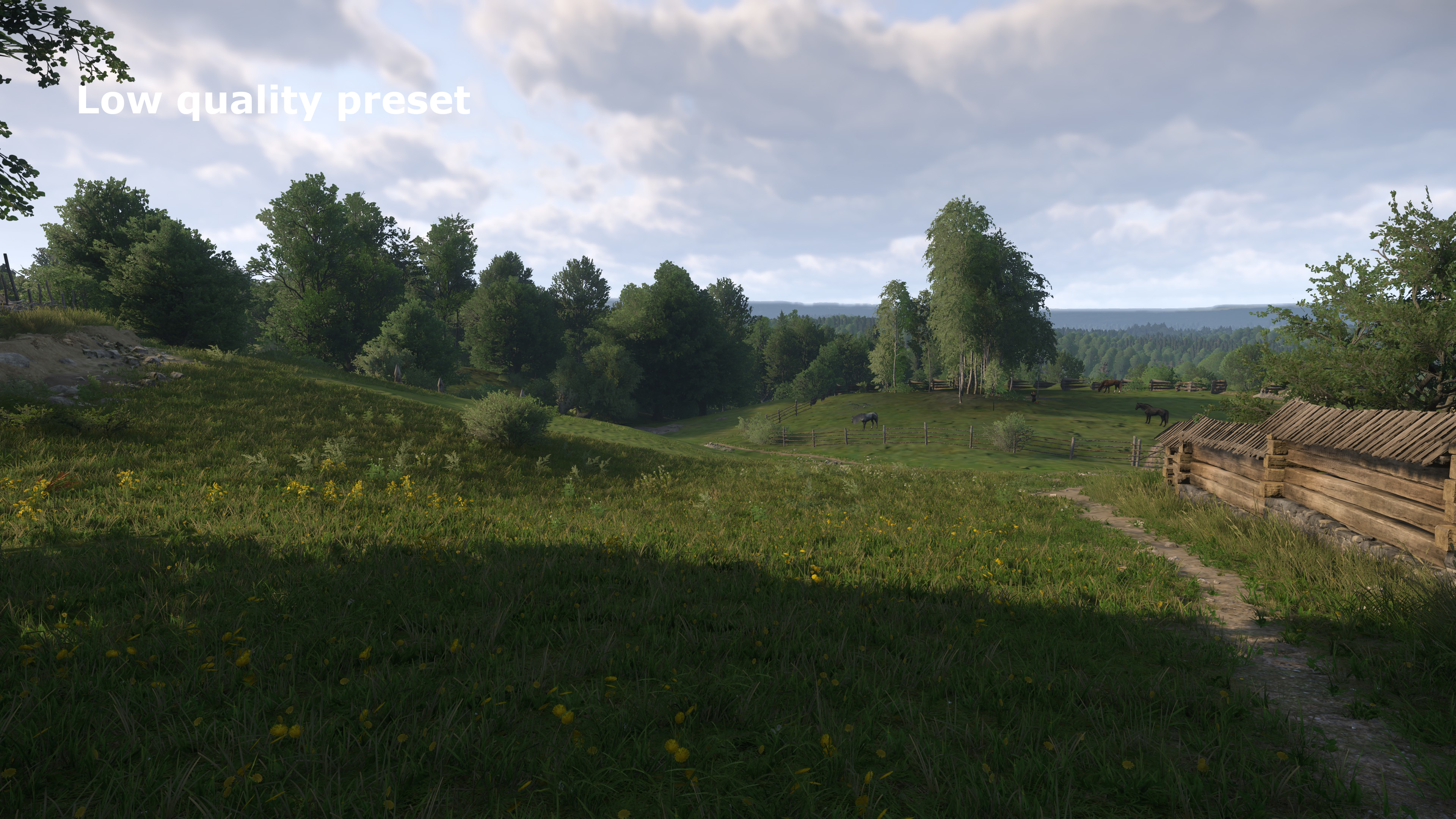 A screenshot from Kingdom Come: Deliverance 2 showing the graphics with using the Low quality preset