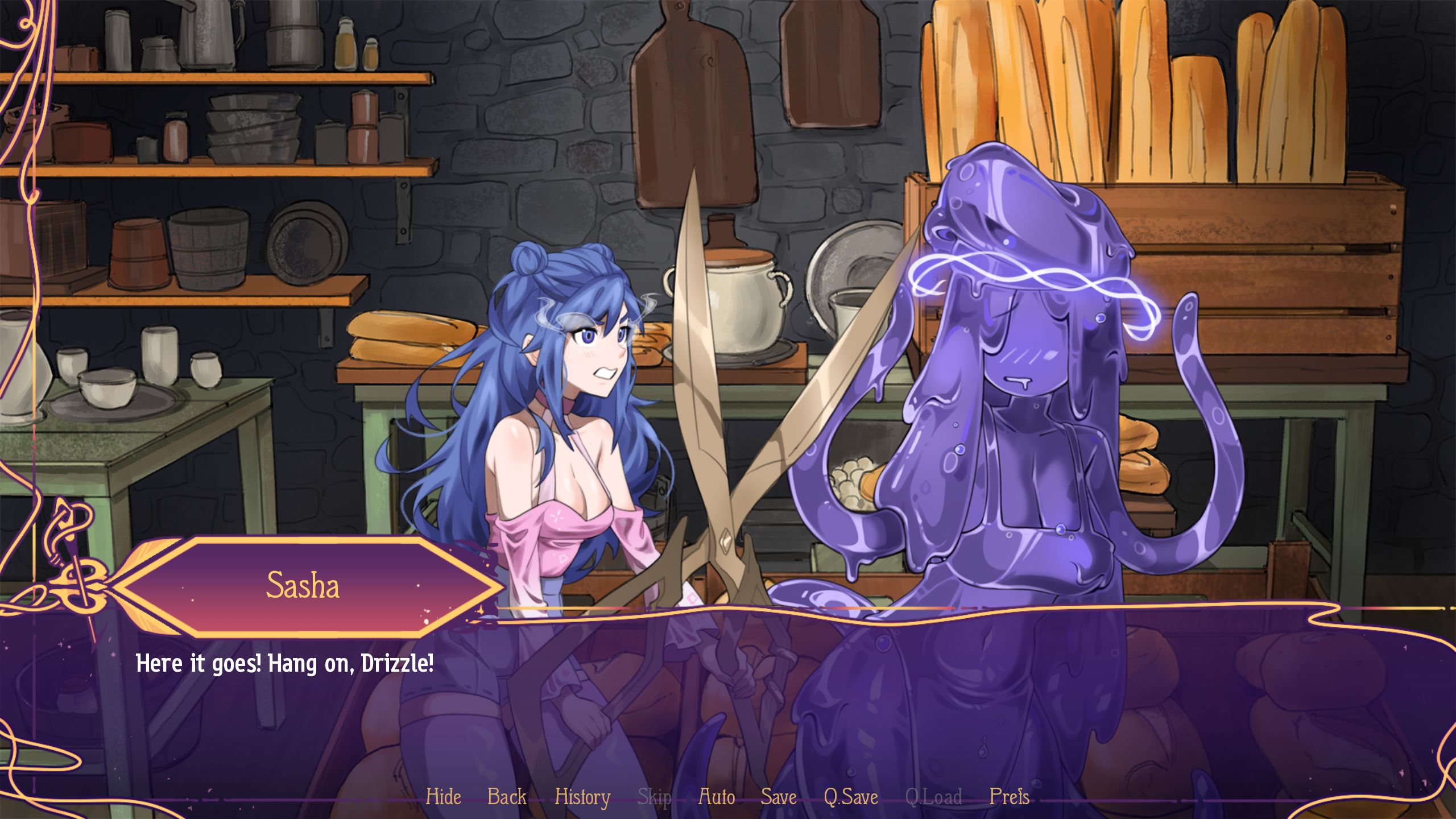 A woman with magical golden shears attempts to free a purple slime creature named Drizzle